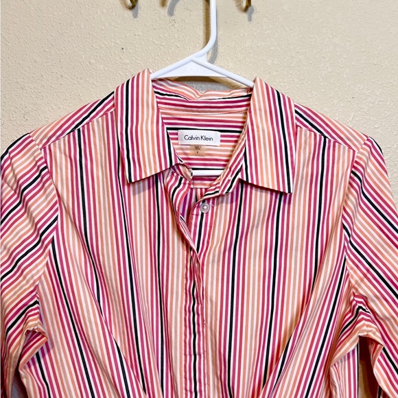 Calvin Klein Pink, Gray, Coral and White Striped Long Sleeve Shirt Dress. Size 6 - Picture 2 of 6